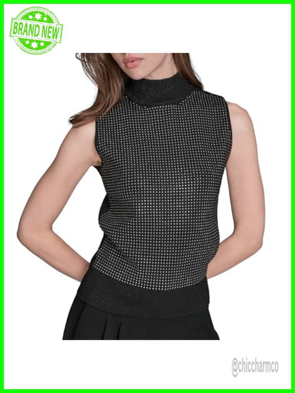 Sleeveless Sweater Vest with Rhinestones Mock Neck Slim Fit